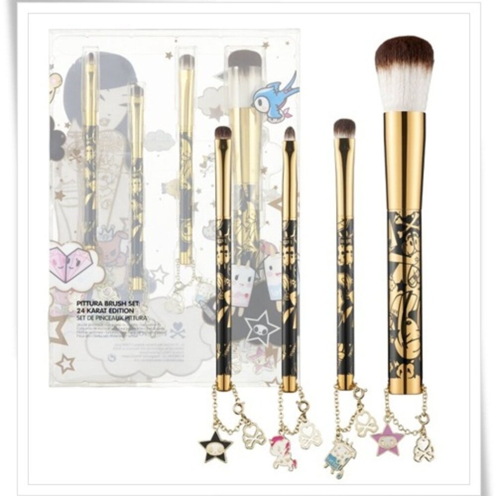 Tokidoki Pittura 4 pc Brush Set: 24 Karat Edition Rare Makeup Brushes LE Charms